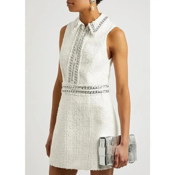 Alice + Olivia Womens White Ellis Chain Trim Tweed Collared Mini Dress S… - Picture 3 of 16